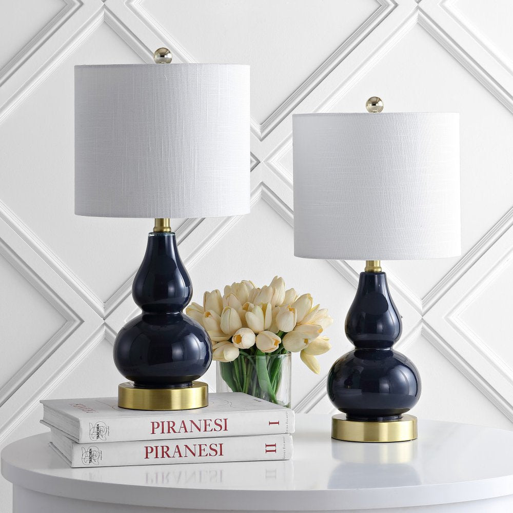 Set of Two 21" Navy Blue And Gold Gourd Table Lamps With Drum Shades