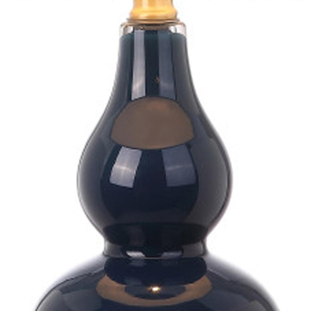 Set of Two 21" Navy Blue And Gold Gourd Table Lamps With Drum Shades