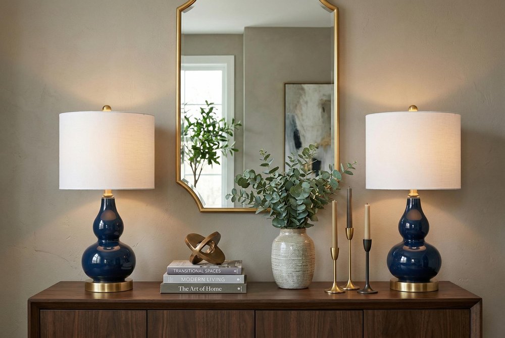 Set of Two 21" Navy Blue And Gold Gourd Table Lamps With Drum Shades