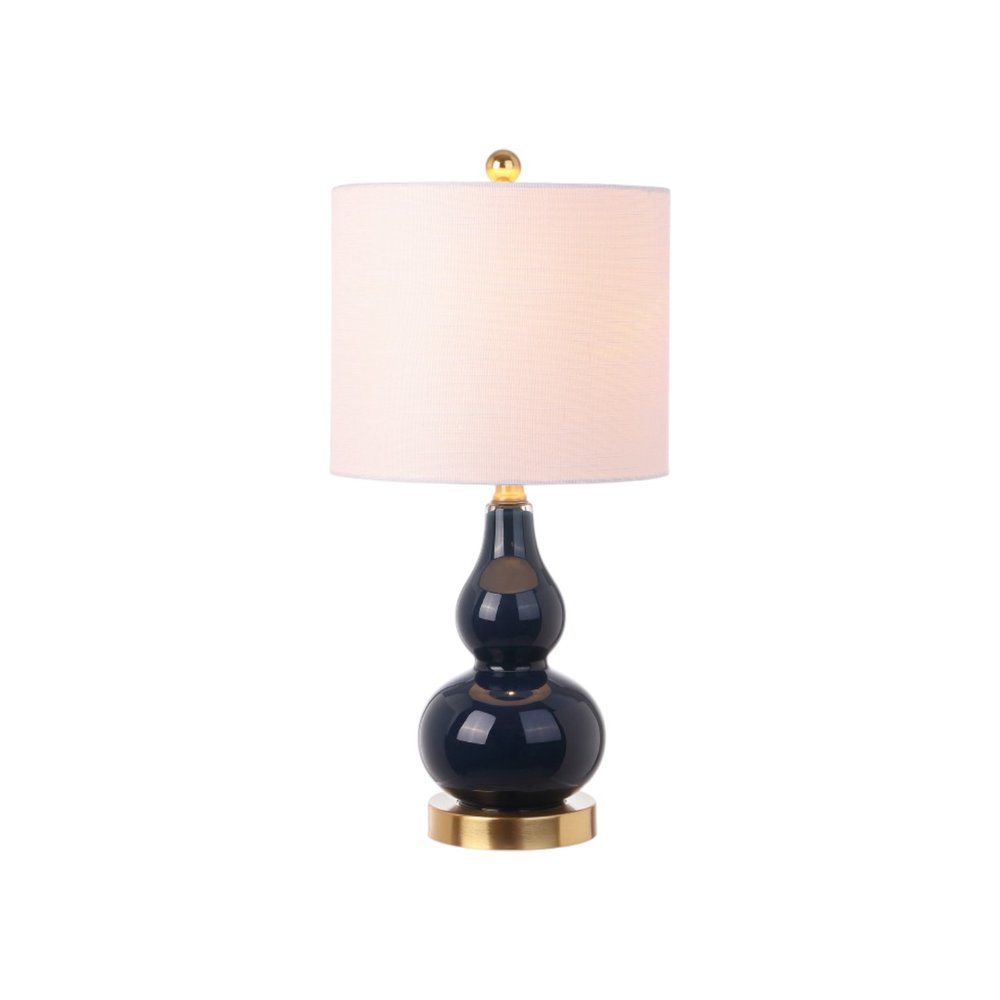Set of Two 21" Navy Blue And Gold Gourd Table Lamps With Drum Shades
