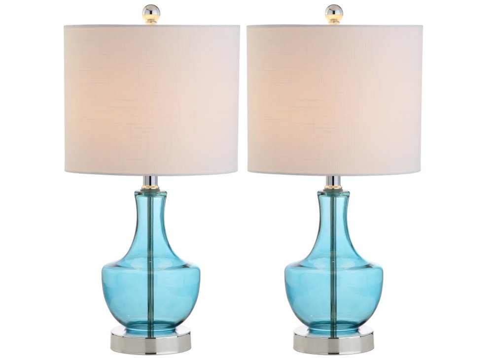 Set of Two 20" Turquoise Gourd Bedside Lamps With Drum Shades