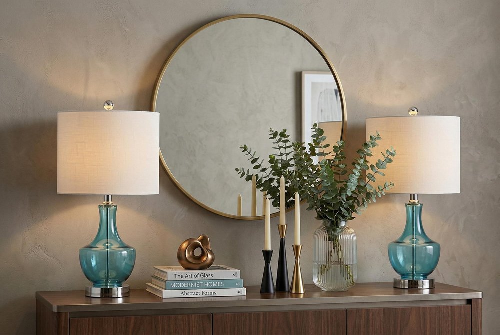Set of Two 20" Turquoise Gourd Bedside Lamps With Drum Shades