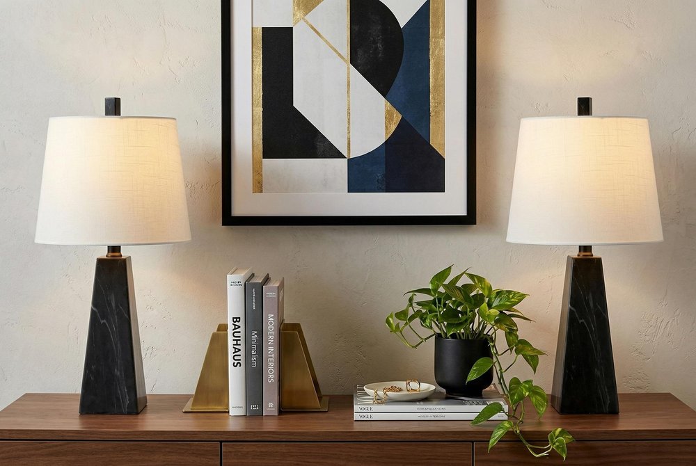 Set of Two 21" Black Novelty Table Lamps With Empire Shades