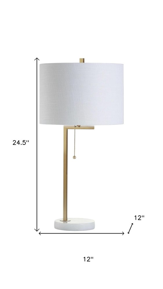 25" Brass And White Round Table Lamp With Drum Shade. Table lamp isolated on a plain white background, in a white finish.