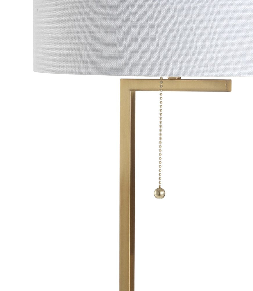 25" Brass And White Round Table Lamp With Drum Shade. Table lamp isolated on a plain white background, finished in white.