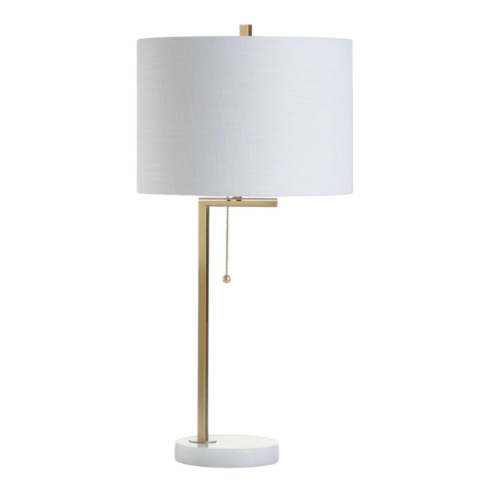 25" Brass And White Round Table Lamp With Drum Shade. Table lamp isolated on a plain white background, in a white finish.