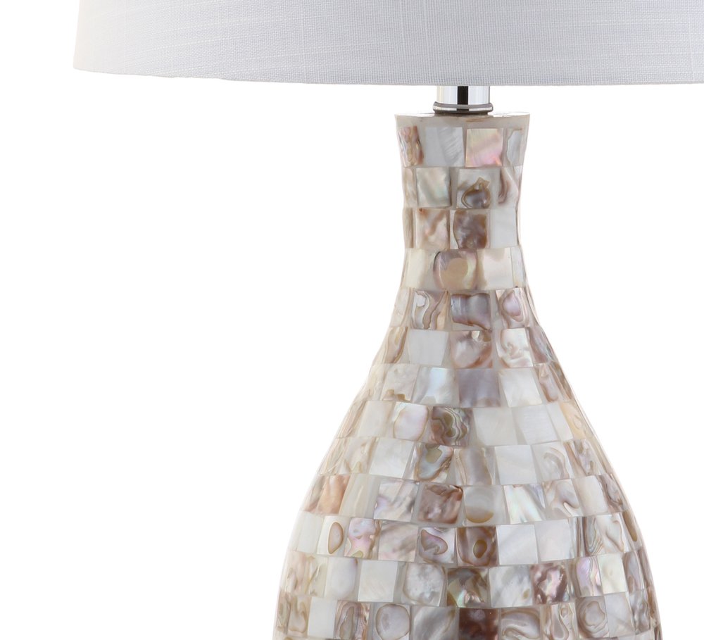 27" Ivory And Beige Novelty Table Lamp With Drum Shade. Table lamp isolated on a plain white background, showing its ivory color.