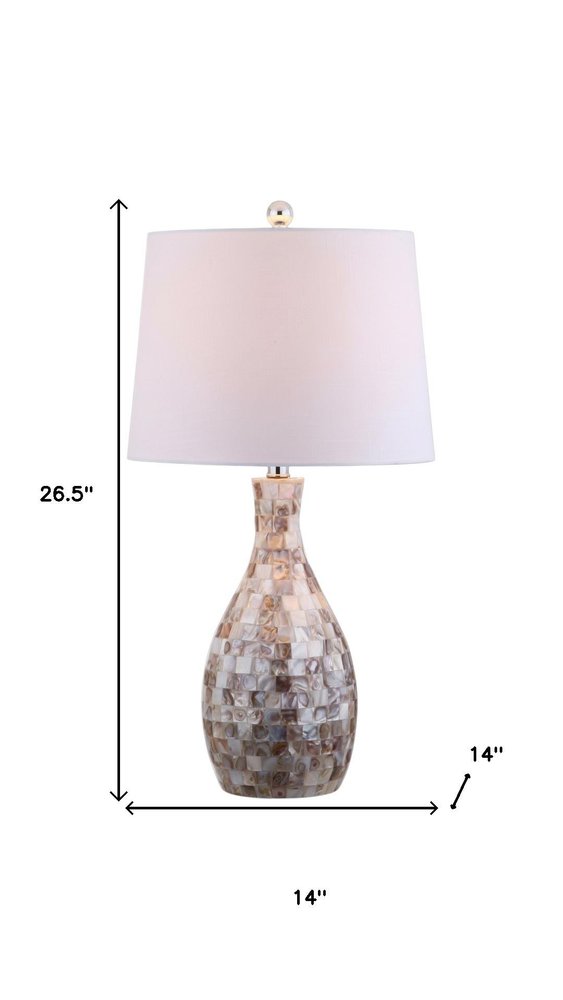 27" Ivory And Beige Novelty Table Lamp With Drum Shade. Table lamp isolated on a plain white background, in a ivory finish.
