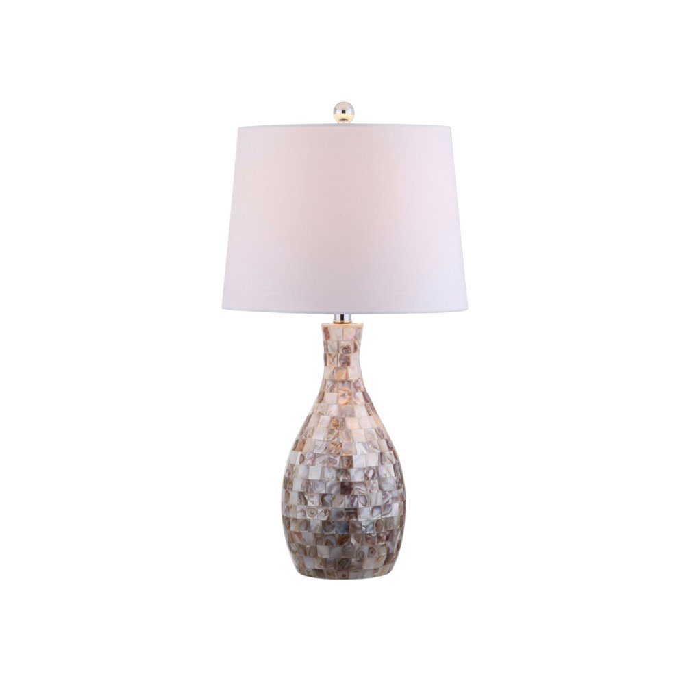 27" Ivory And Beige Novelty Table Lamp With Drum Shade. Table lamp isolated on a plain white background, in a ivory finish.