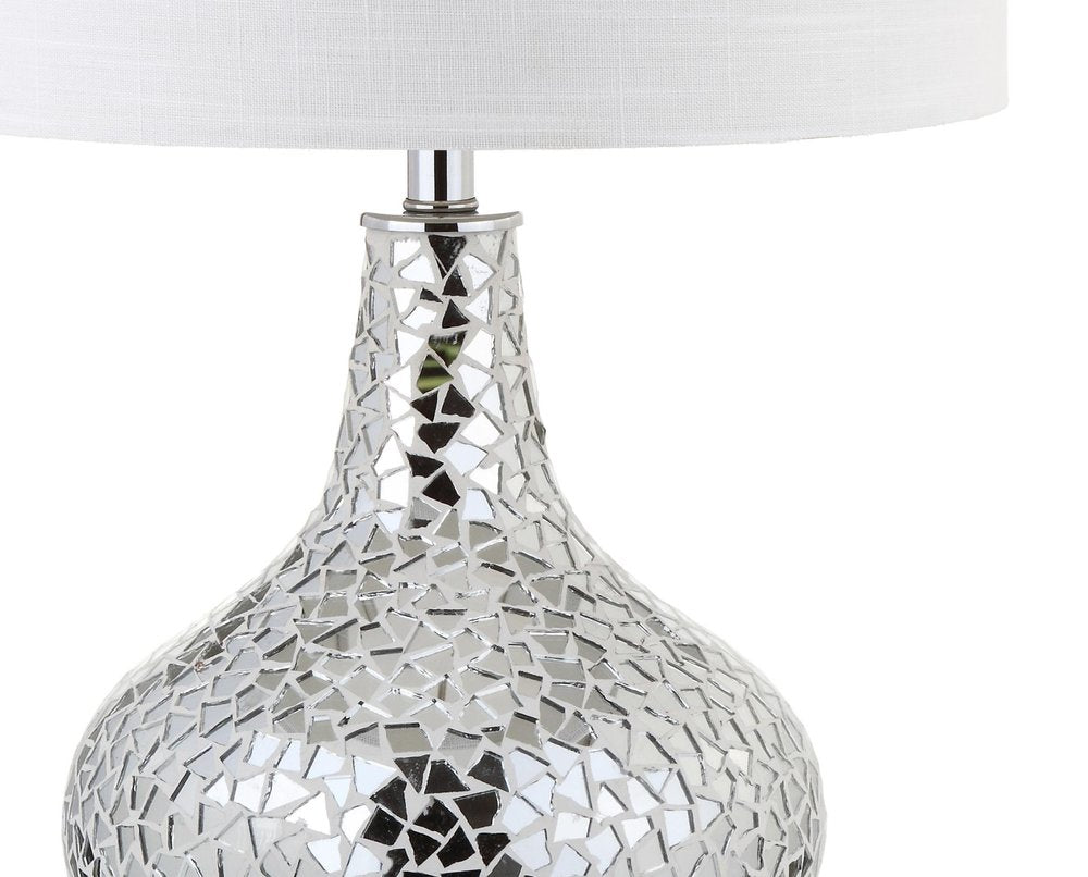26" Silver Novelty Table Lamp With Drum Shade. Table lamp isolated on a plain white background, finished in silver.