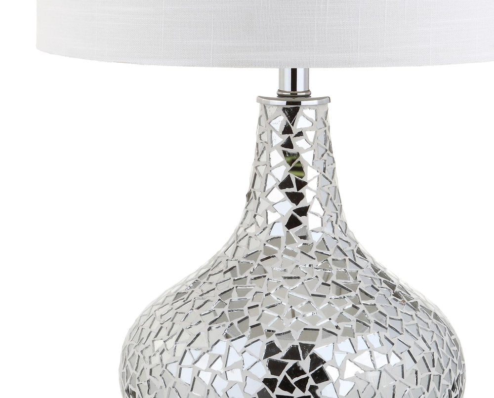 26" Silver Novelty Table Lamp With Drum Shade. Table lamp isolated on a plain white background, in a silver finish.