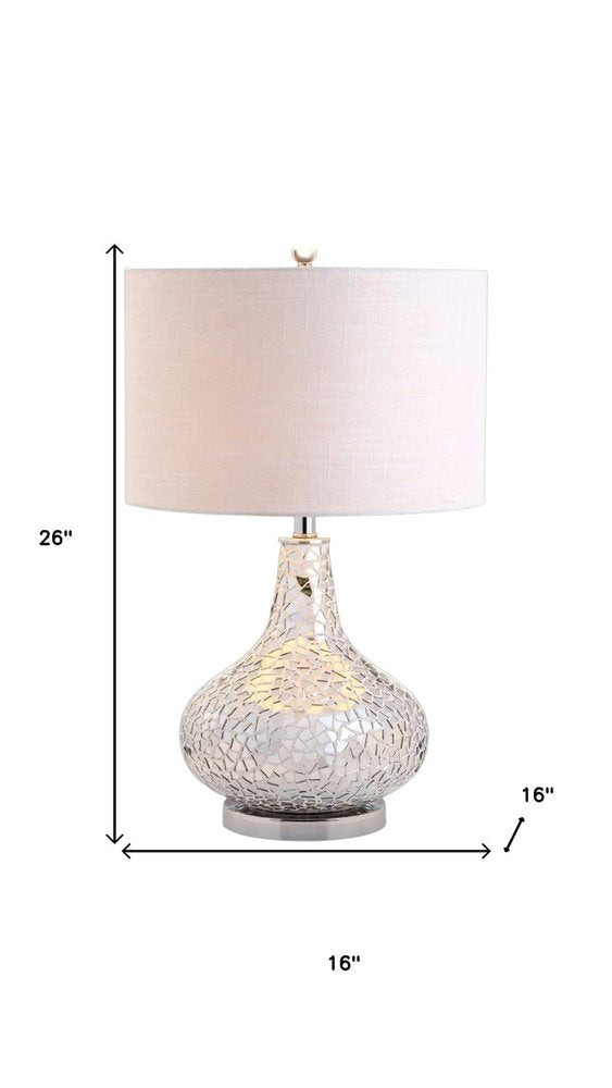 26" Silver Novelty Table Lamp With Drum Shade. Table lamp isolated on a plain white background, finished in silver.