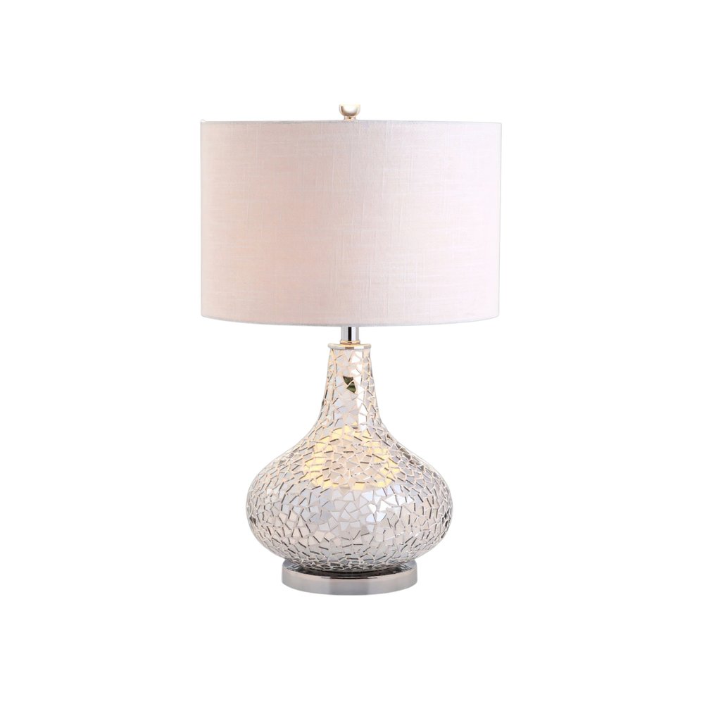 26" Silver Novelty Table Lamp With Drum Shade. Table lamp isolated on a plain white background, finished in silver.