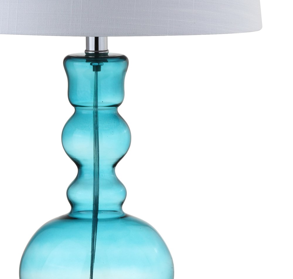Set of Two 29" Blue Urn Table Lamps With Drum Shades on a white background