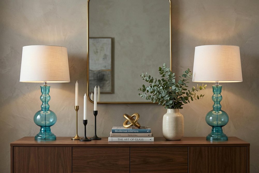 Set of Two 29" Blue Urn Table Lamps With Drum Shades in a home interior