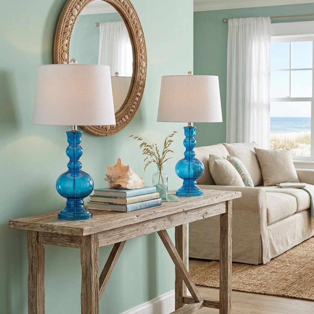 Set of Two 29" Blue Curved Body Glass Table Lamps With Drum Shades