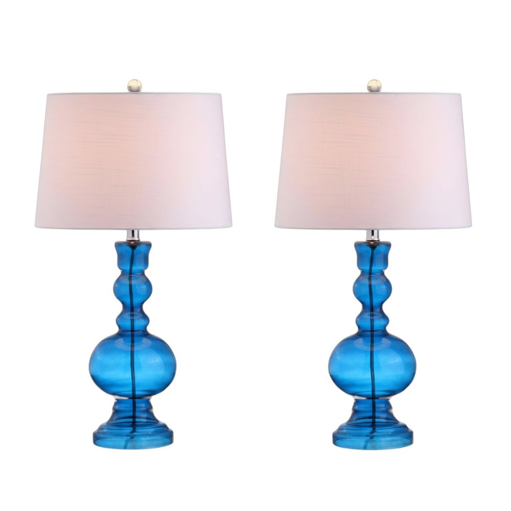 Set of Two 29" Blue Curved Body Glass Table Lamps With Drum Shades
