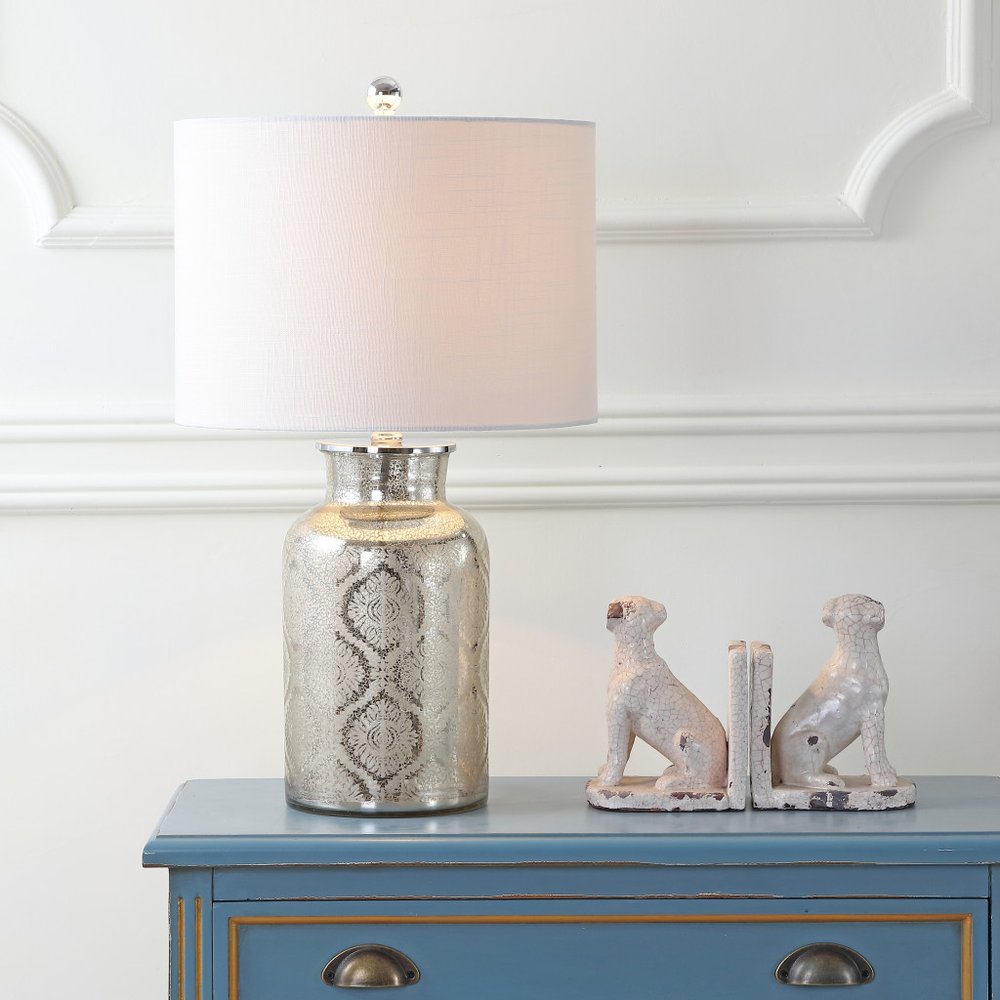 25" Clear Table Lamp With Drum Shade. Table lamp in clear.