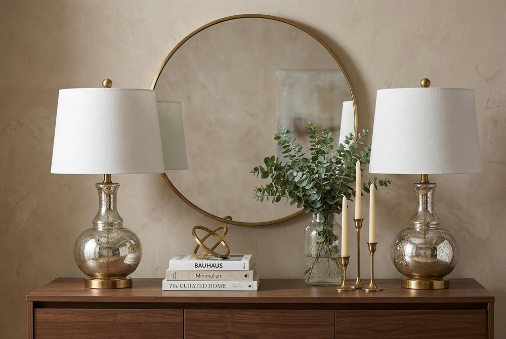 Set of Two 25" Silver Novelty Table Lamps With Drum Shades in a home interior