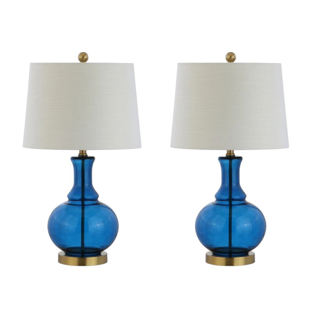 Set of Two 25" Gold Novelty Table Lamps With Drum Shades on a white background