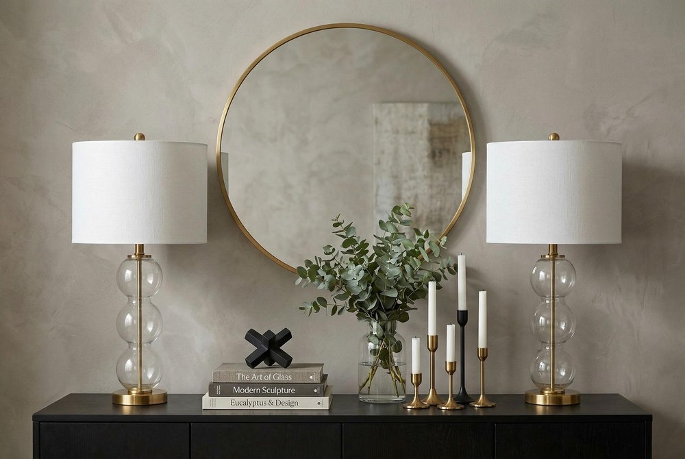 Set of Two 27" Gold Novelty Table Lamps With Drum Shades