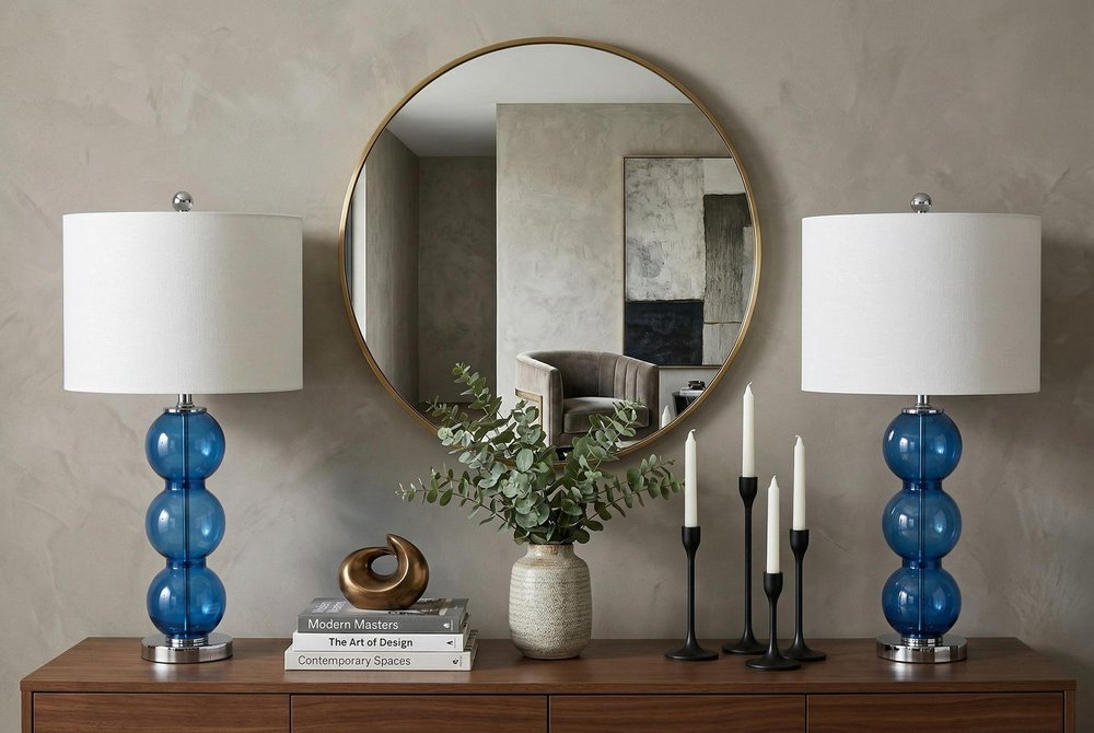 Set of Two 27" Silver Novelty Table Lamps With Drum Shades in a home interior