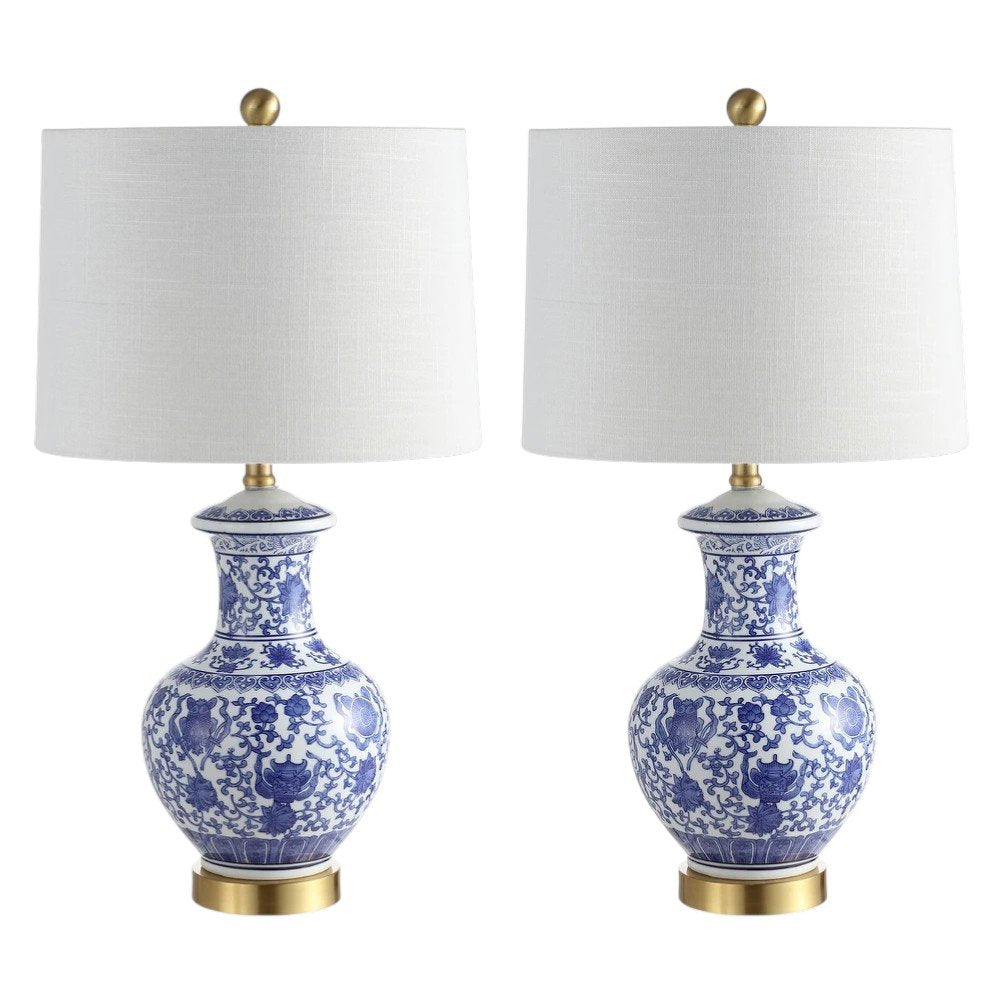 Set of Two 25" Gold Novelty Table Lamps With Globe Shades on a white background
