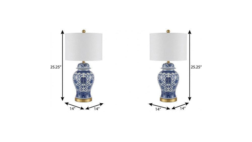 Set of Two 25" Gold Novelty Table Lamps With Globe Shades on a white background