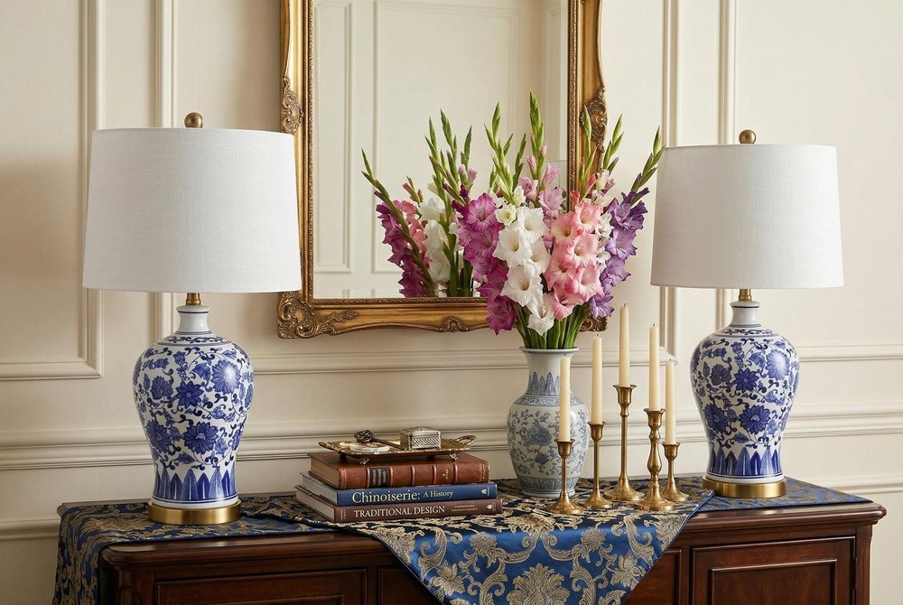 Set of Two 26" Gold Novelty Table Lamps With Globe Shades in a home interior