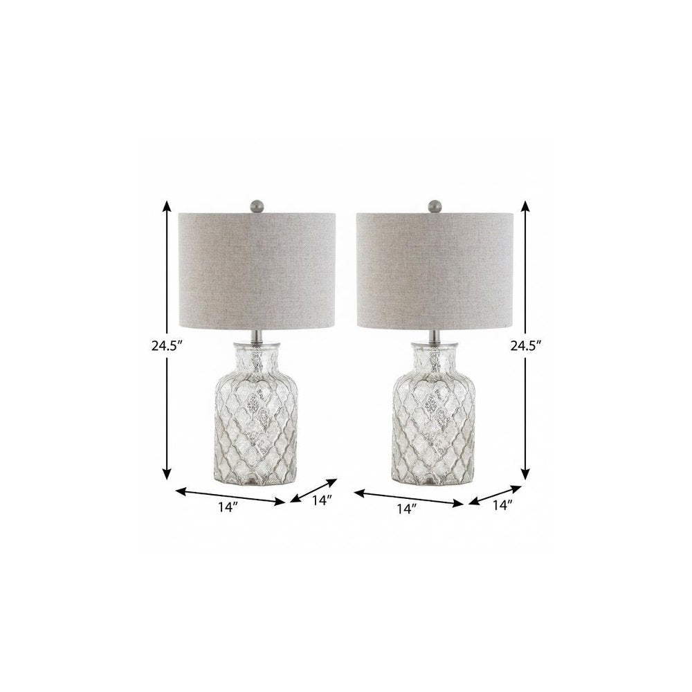 Set of Two 25" Silver Table Lamps With Drum Shades on a white background