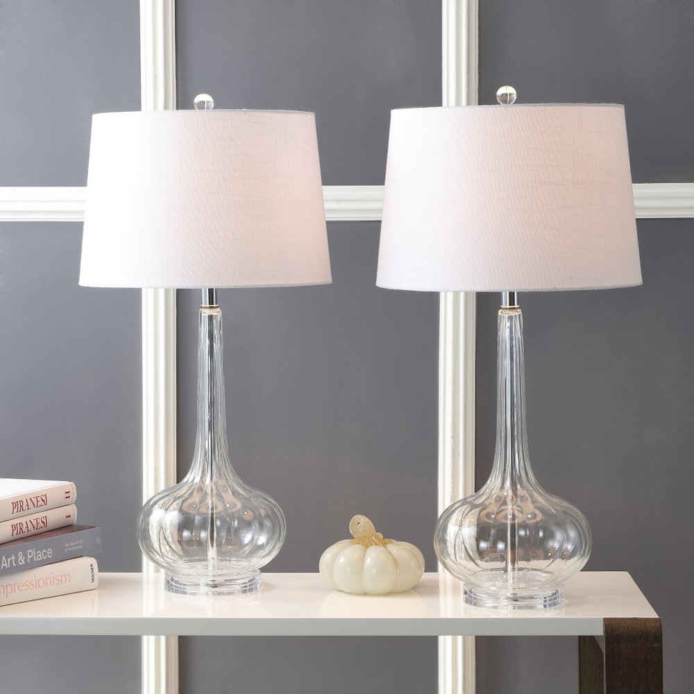 Set of Two 29" Clear Novelty Table Lamps With Drum Shades in a home interior