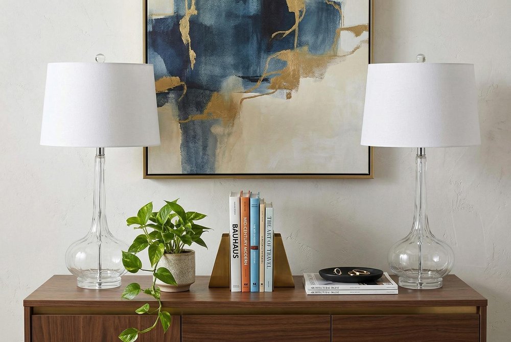 Set of Two 29" Clear Novelty Table Lamps With Drum Shades in a home interior