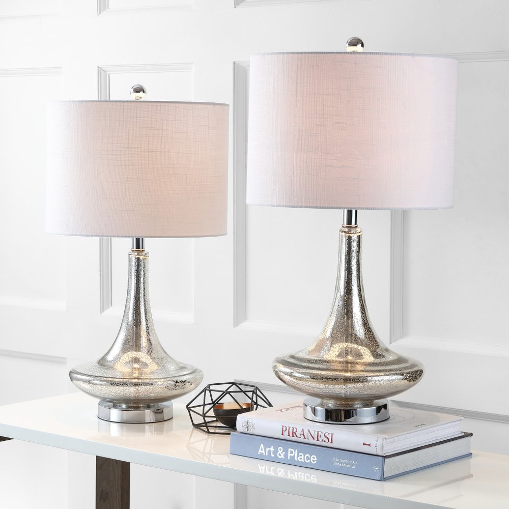 Set of Two 26" Silver Novelty Table Lamps With Drum Shades on a white background