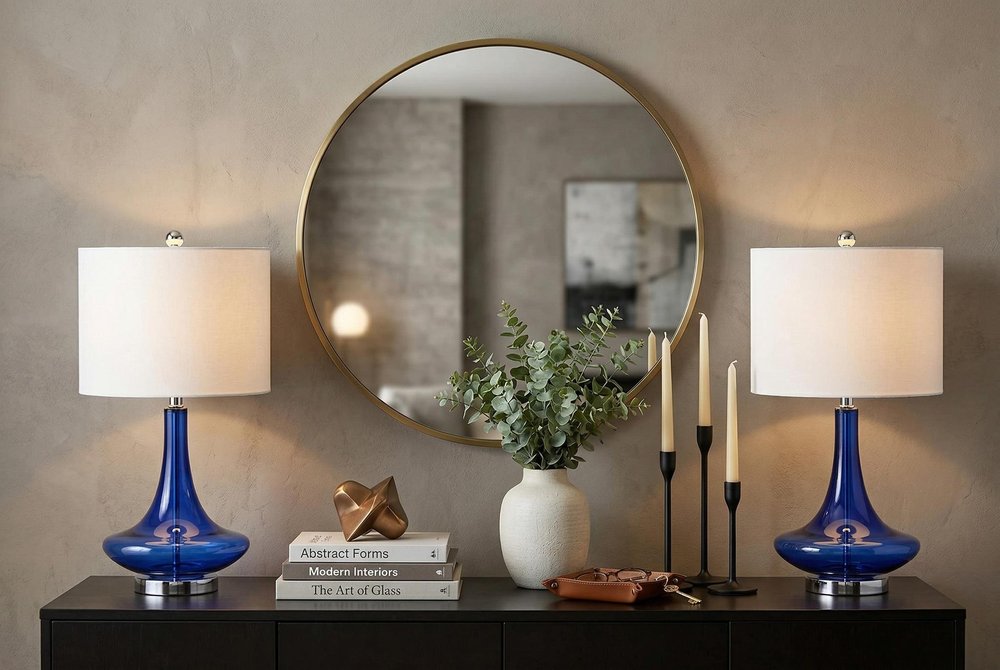 Set of Two 26" Silver Novelty Table Lamps With Drum Shades in a home interior