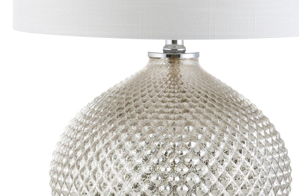 23" Silver Round Table Lamp With Drum Shade. Table lamp isolated on a plain white background, in a silver finish.