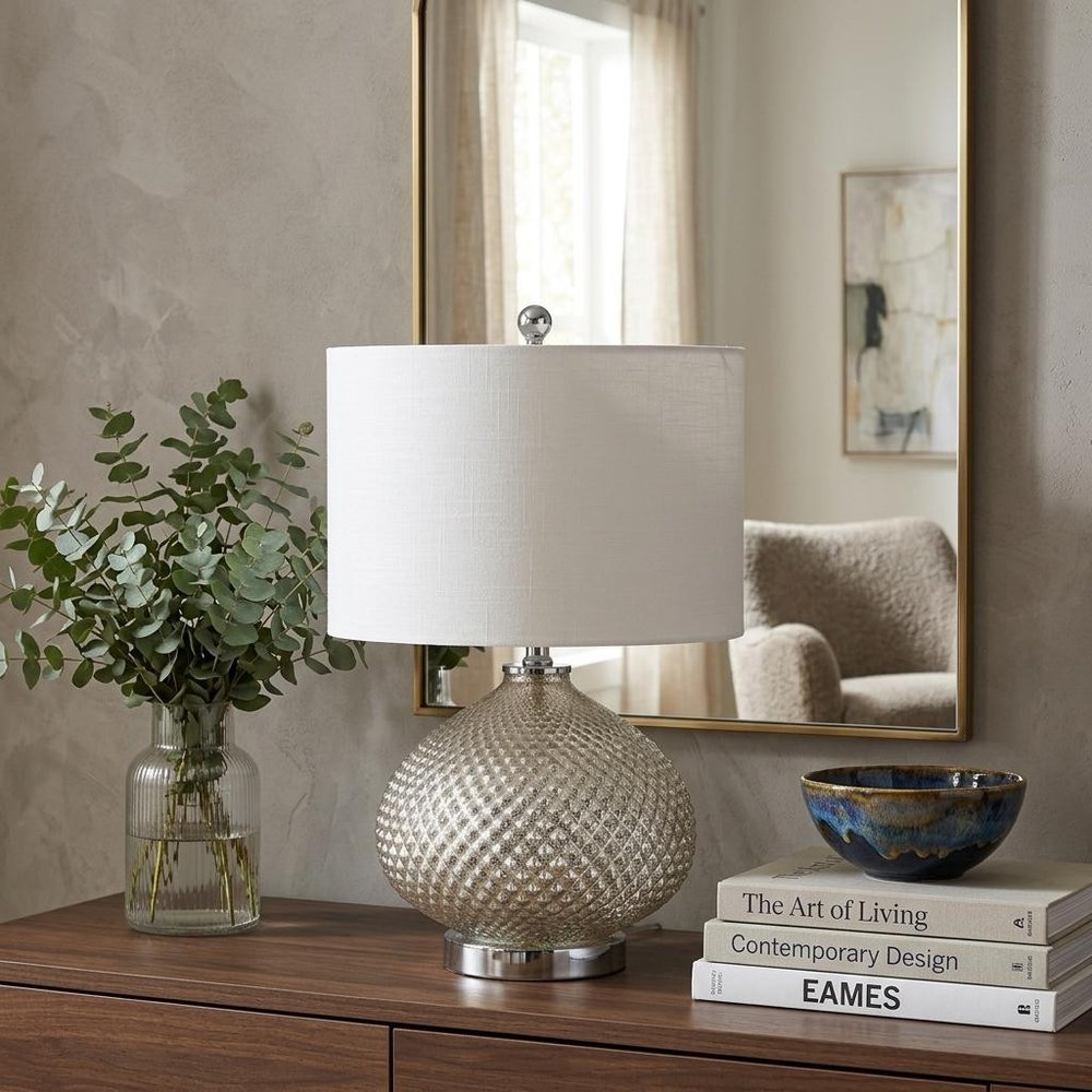 23" Silver Round Table Lamp With Drum Shade.