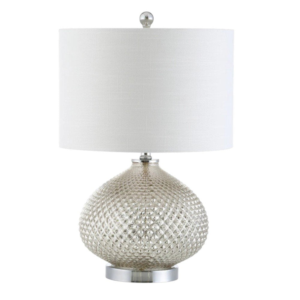 23" Silver Round Table Lamp With Drum Shade. Table lamp isolated on a plain white background, showing its silver color.
