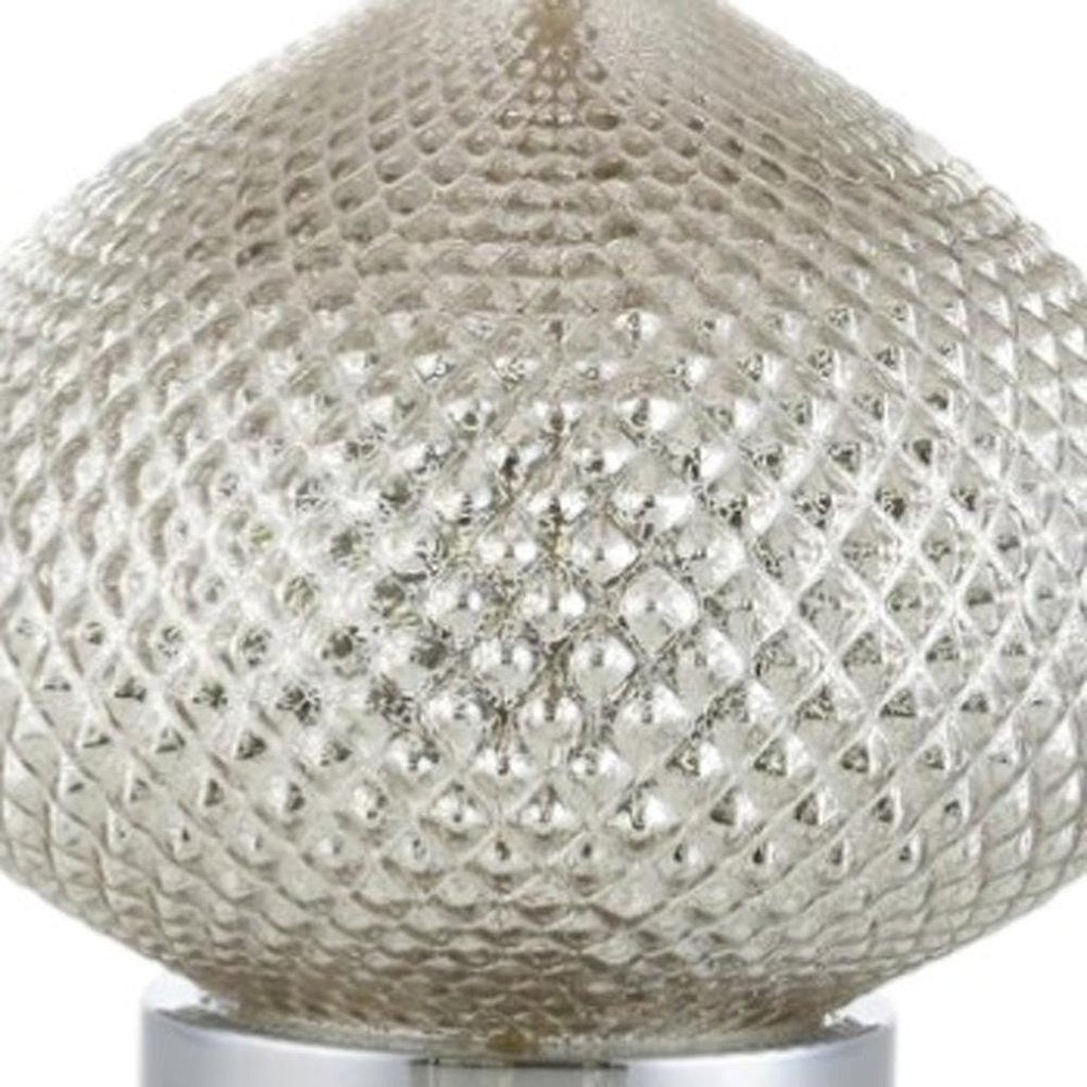 23" Silver Round Table Lamp With Drum Shade. Table lamp isolated on a plain white background, finished in silver.