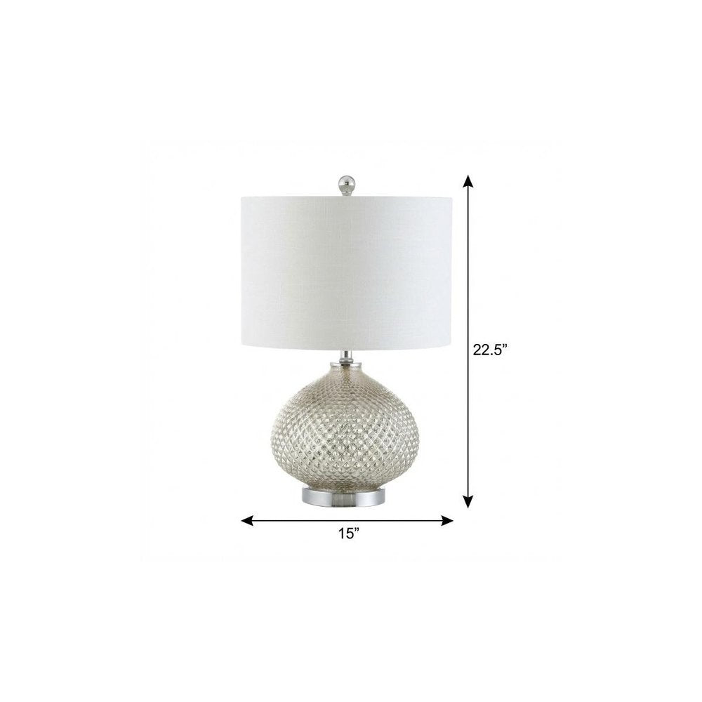 23" Silver Round Table Lamp With Drum Shade. Table lamp isolated on a plain white background, showing its silver color.