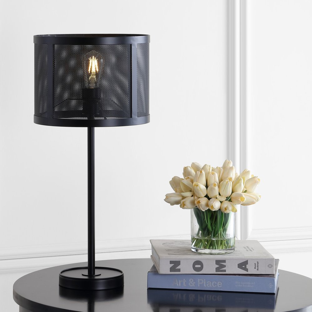 25" Black Table Lamp With Globe Shade. Table lamp in black.