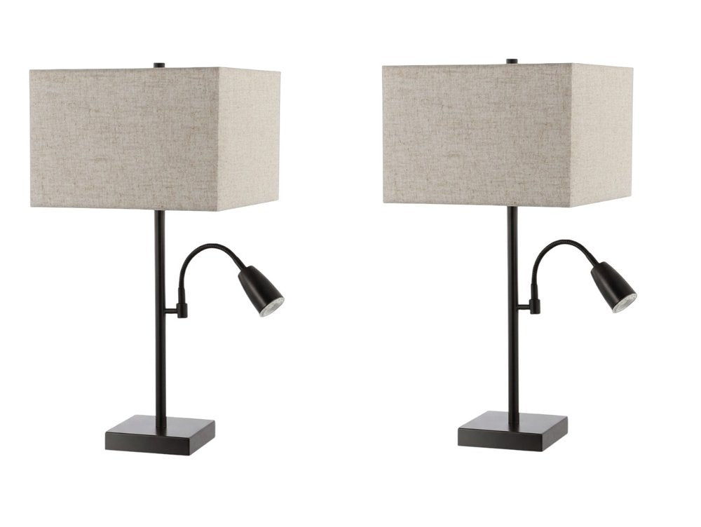 Set of Two 26" Antiqued Bronze Swing Arm Table Lamps With Square Shades