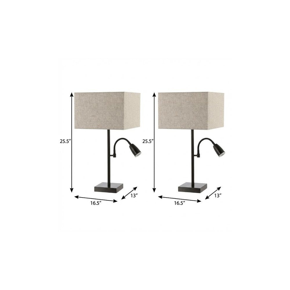 Set of Two 26" Antiqued Bronze Swing Arm Table Lamps With Square Shades