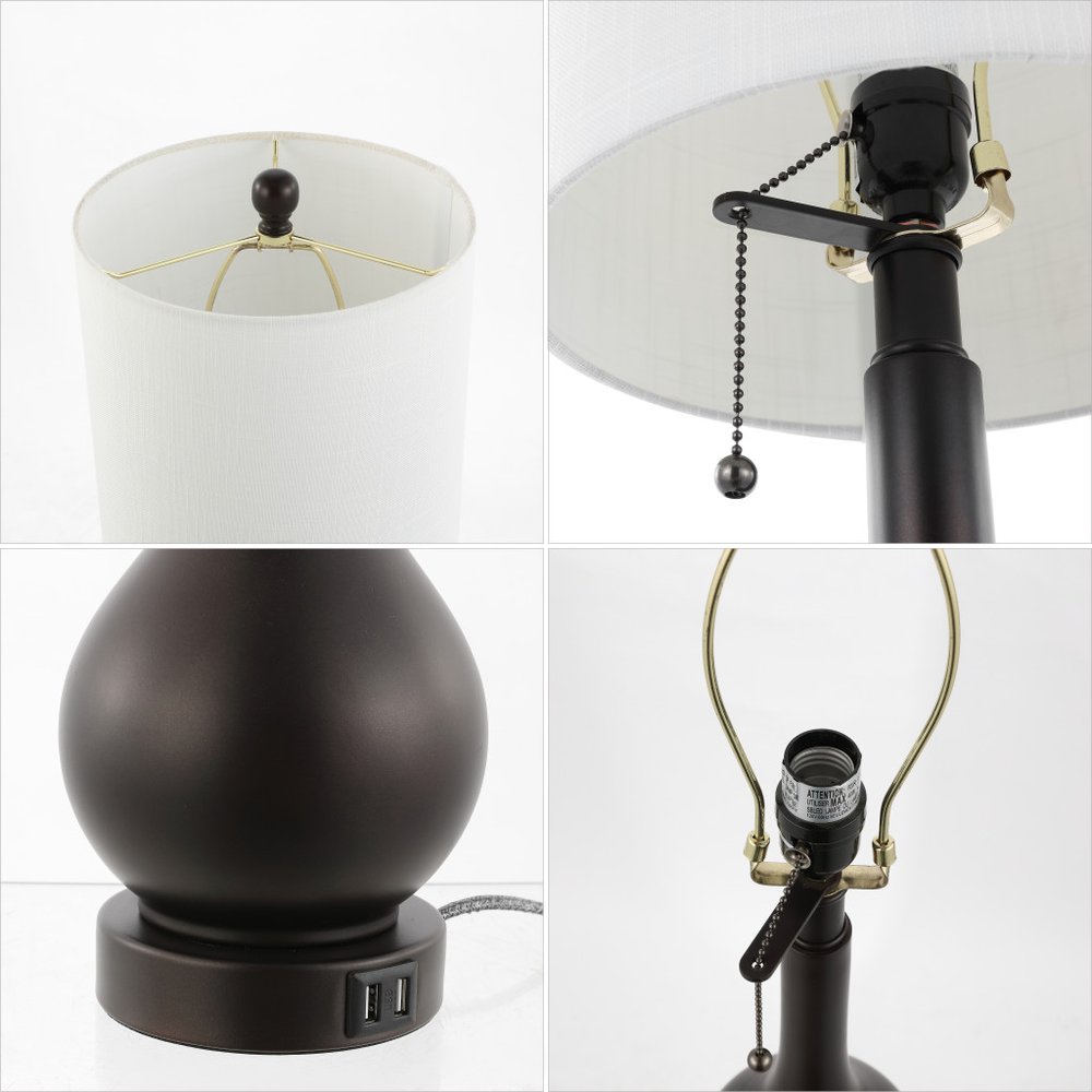 Set of Two 24" Antiqued Bronze Gourd Table Lamps With Drum Shades on a white background