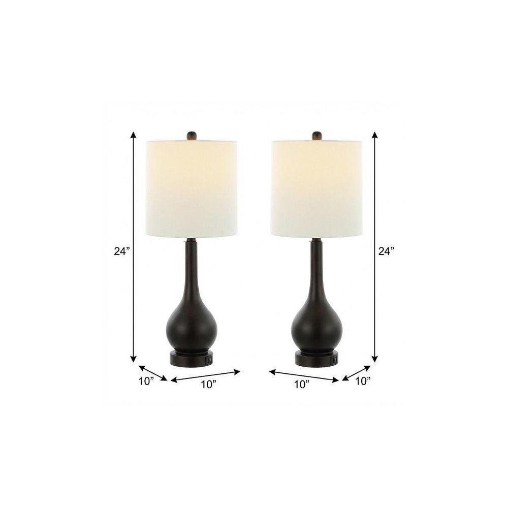 Set of Two 24" Antiqued Bronze Gourd Table Lamps With Drum Shades on a white background