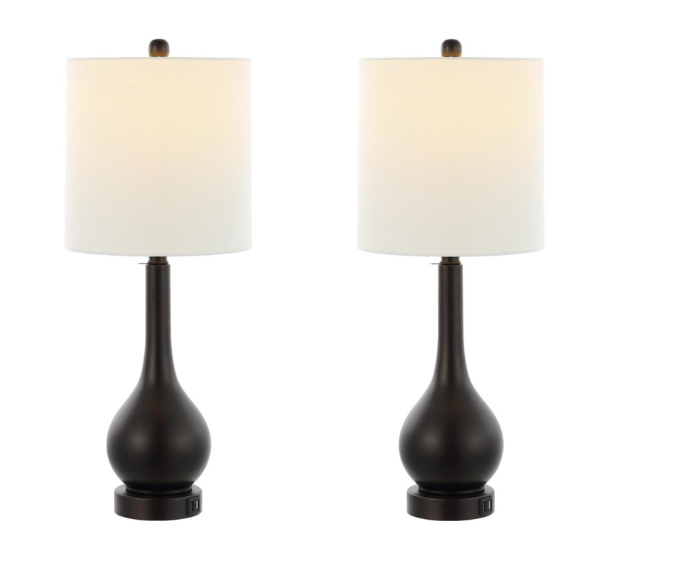 Set of Two 24" Antiqued Bronze Gourd Table Lamps With Drum Shades on a white background