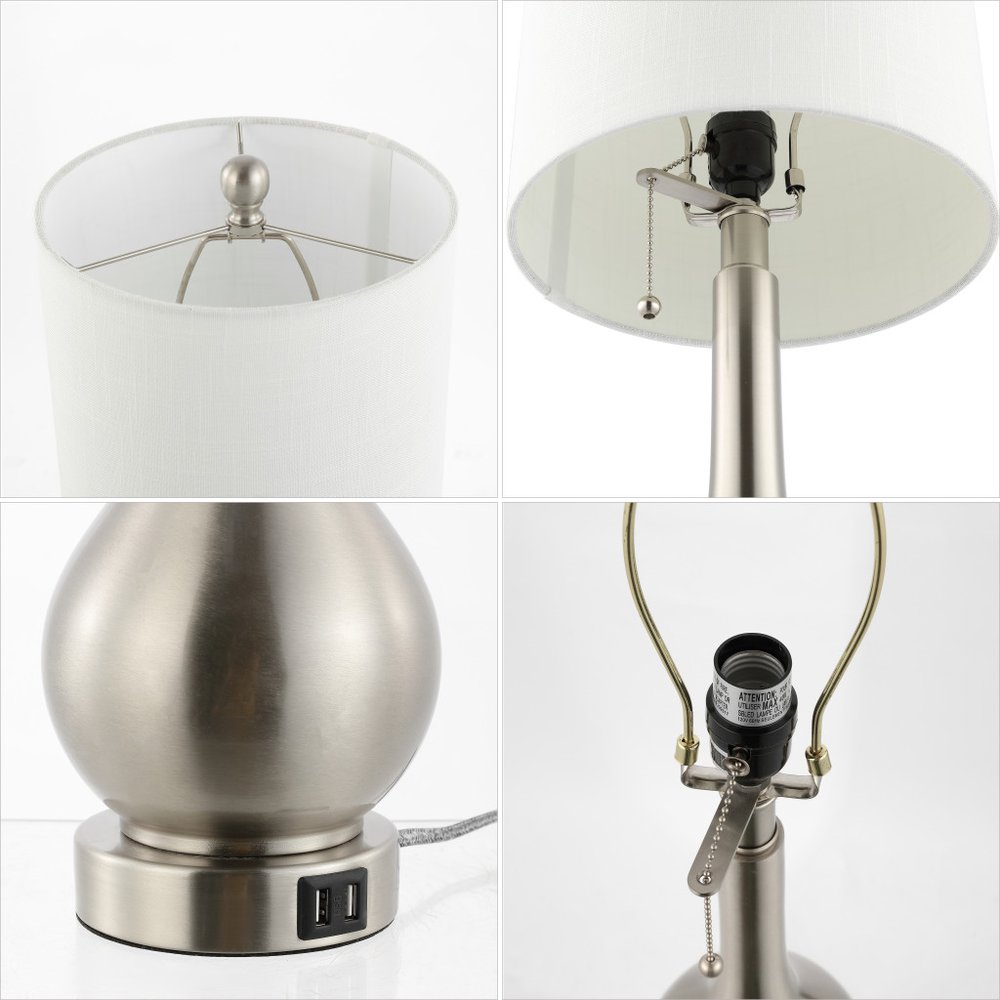 Four close-up views of a nickel gourd table lamp with a white drum shade, showing the shade interior, socket, base with USB ports, and the lamp body.
