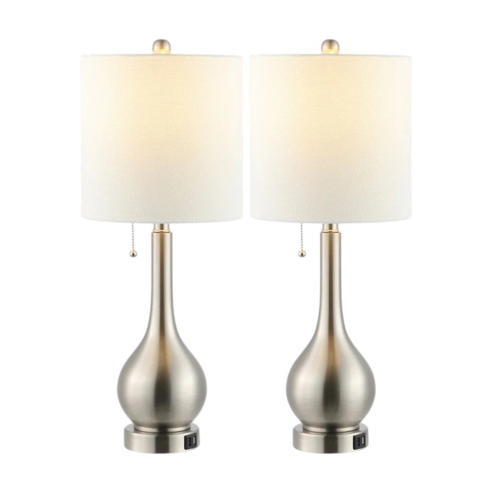 Set of Two 24" Nickel Gourd Table Lamps With Drum Shades