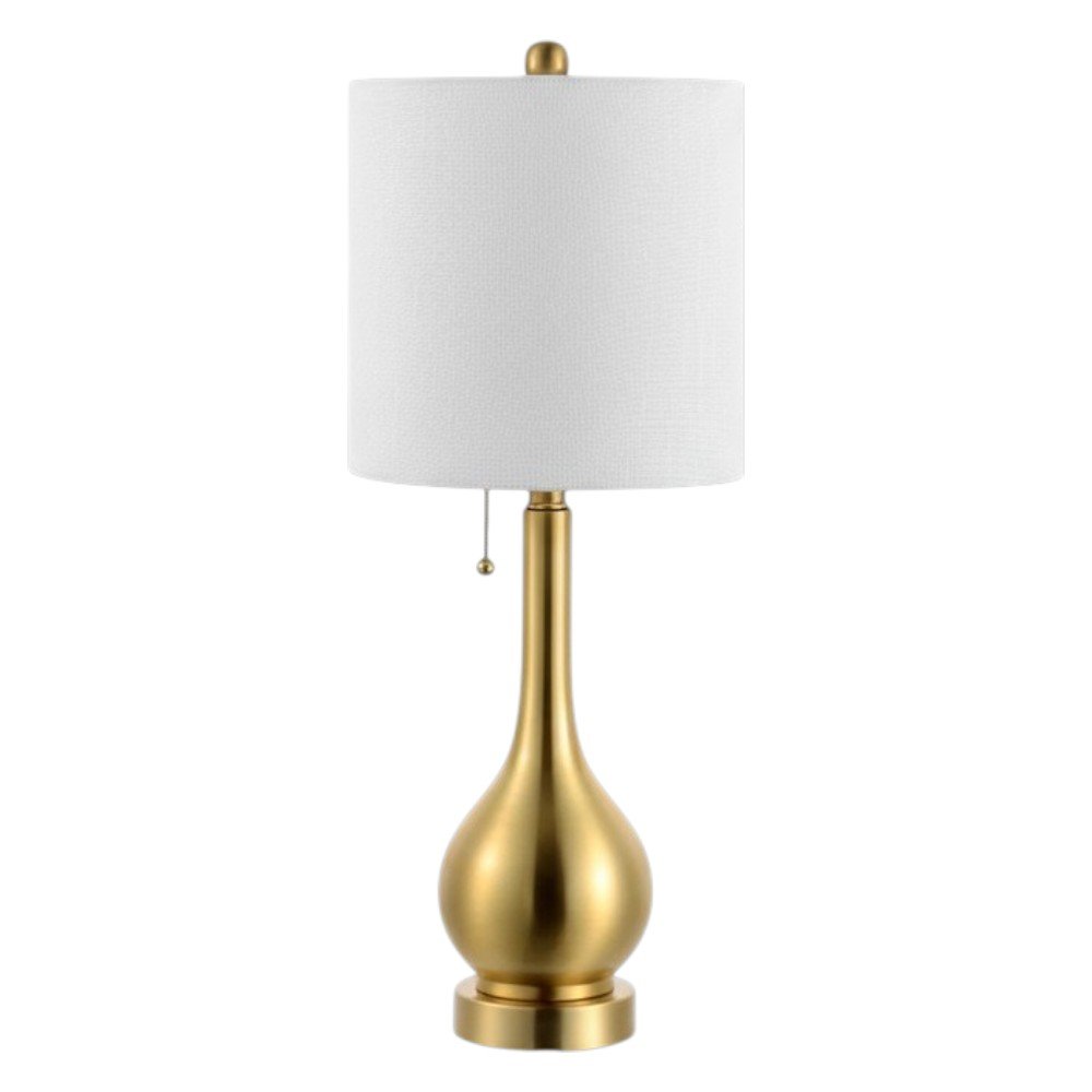 Set of Two 24" Gold Gourd Table Lamps With Drum Shades on a white background