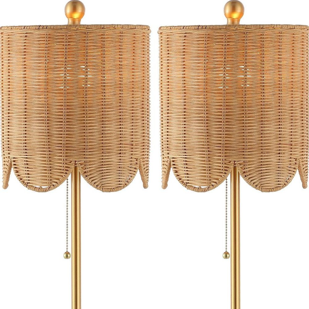 Set of Two 28" Brown Table Lamps With Drum Shades on a white background