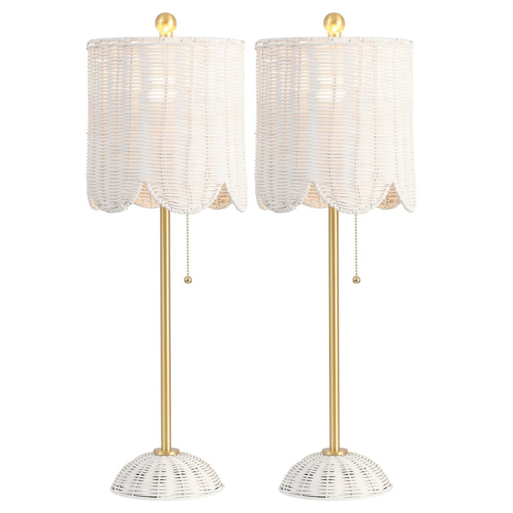 Set of Two 28" White Table Lamps With Drum Shades on a white background